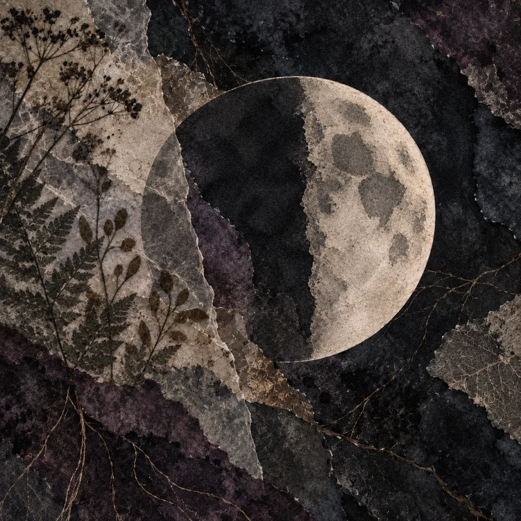 First quarter moon with its right half illuminated against layered parchment, charcoal, watercolor, and fern impressions.