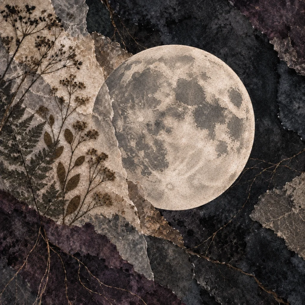 Fully illuminated moon formed from pale parchment and watercolor above layered charcoal paper and botanical impressions.