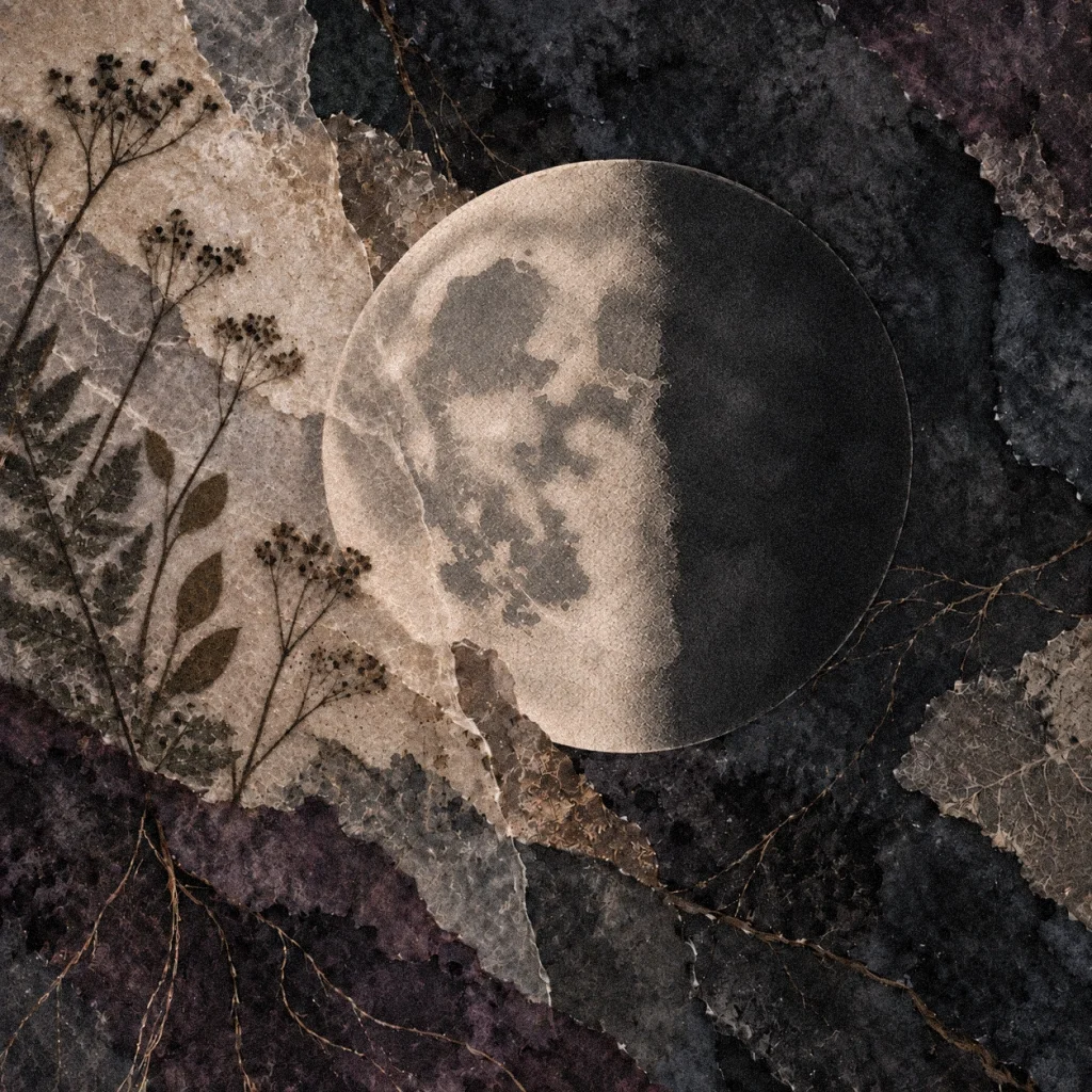 Last quarter moon with its left half illuminated amid torn parchment, charcoal watercolor, and delicate botanical impressions.