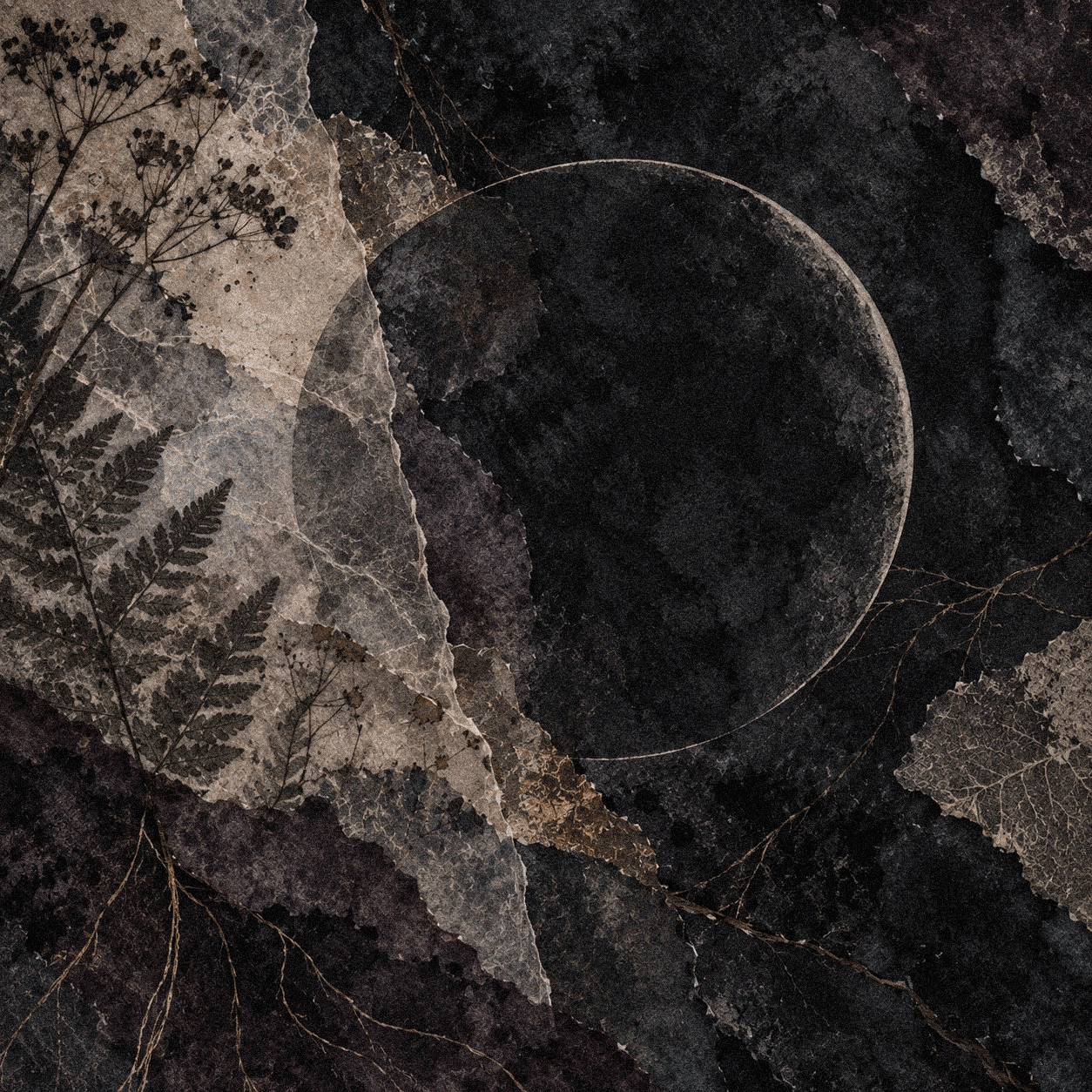 Abstract lunar-cycle gif with layered handmade paper, moon forms, fern impressions, and charcoal textures.