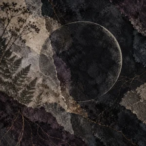 Dark new moon disc surrounded by torn parchment, charcoal watercolor, fern impressions, and fine rootlike lines.