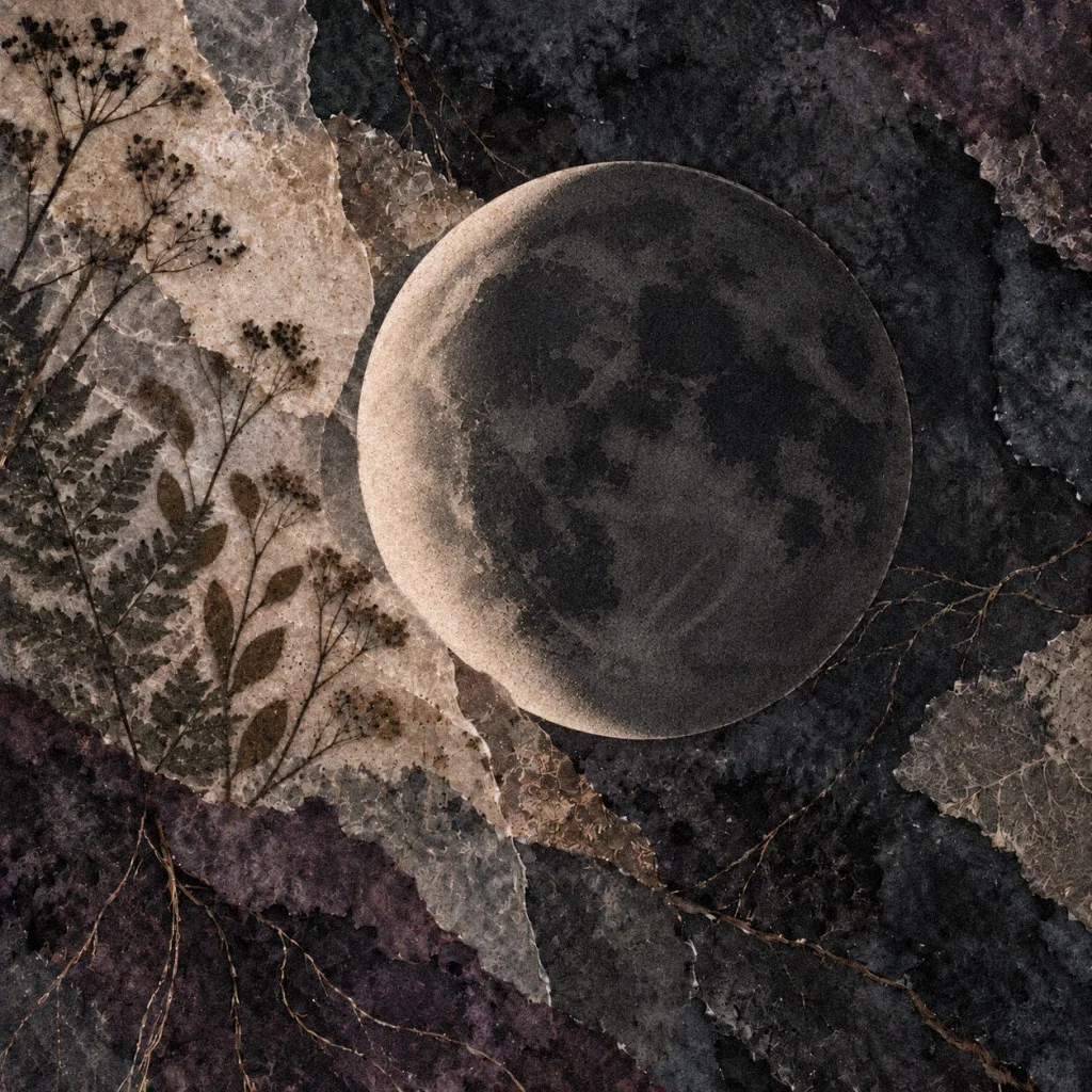 Waning crescent moon with its left edge illuminated against dark watercolor, torn parchment, and fading botanical textures.