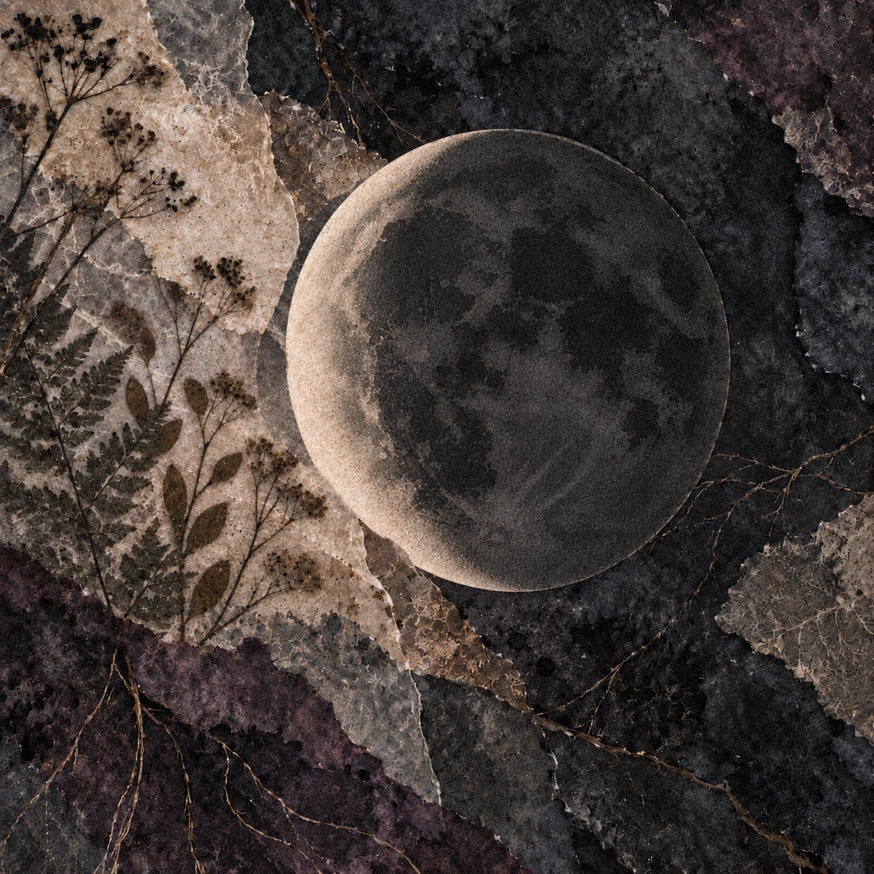 Waning crescent moon with its left edge illuminated against dark watercolor, torn parchment, and fading botanical textures.