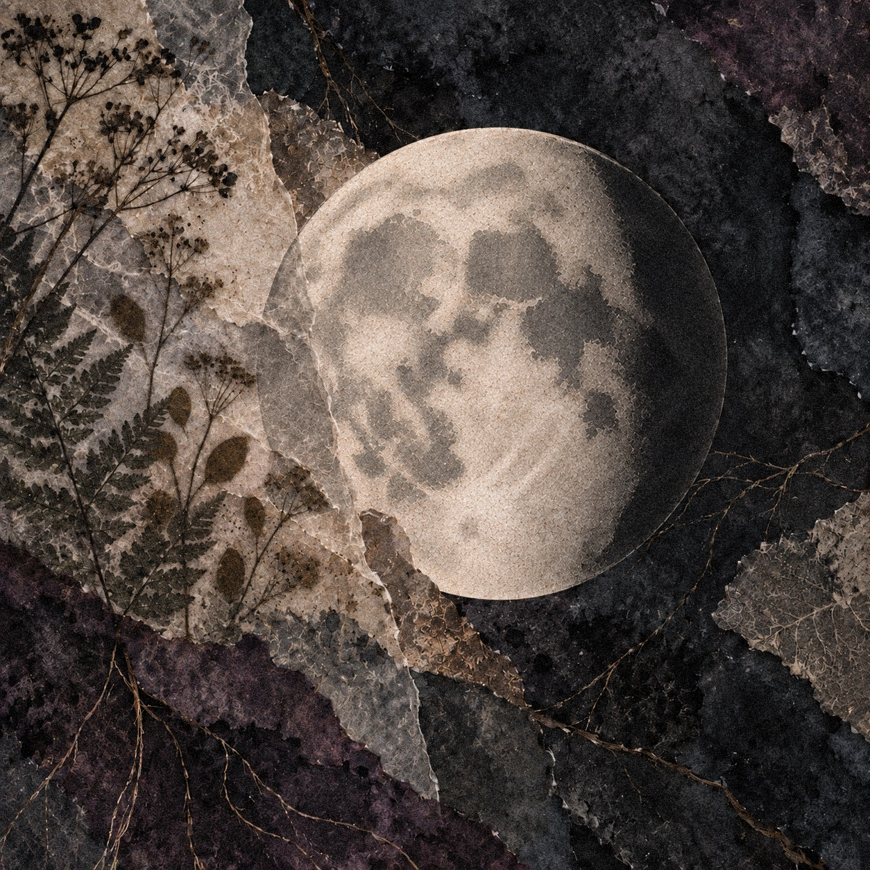 Waning gibbous moon illuminated on the left with a dark right edge, surrounded by torn parchment and botanical textures.