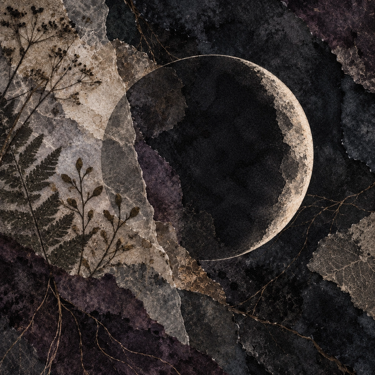 Waxing crescent moon with its right edge illuminated amid torn parchment, watercolor, and pressed botanical textures.