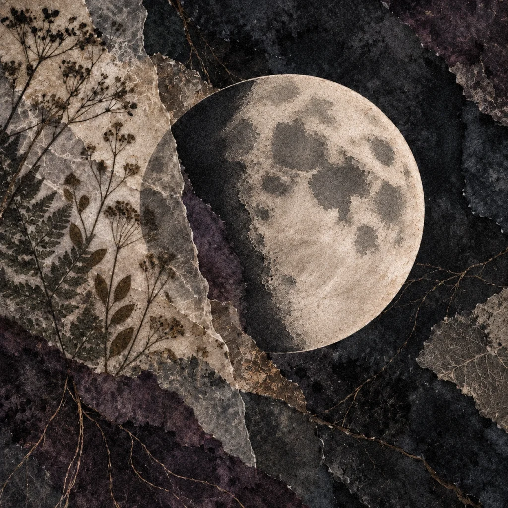 Waxing gibbous moon mostly illuminated on the right, layered with parchment, watercolor, charcoal, and pressed botanicals.