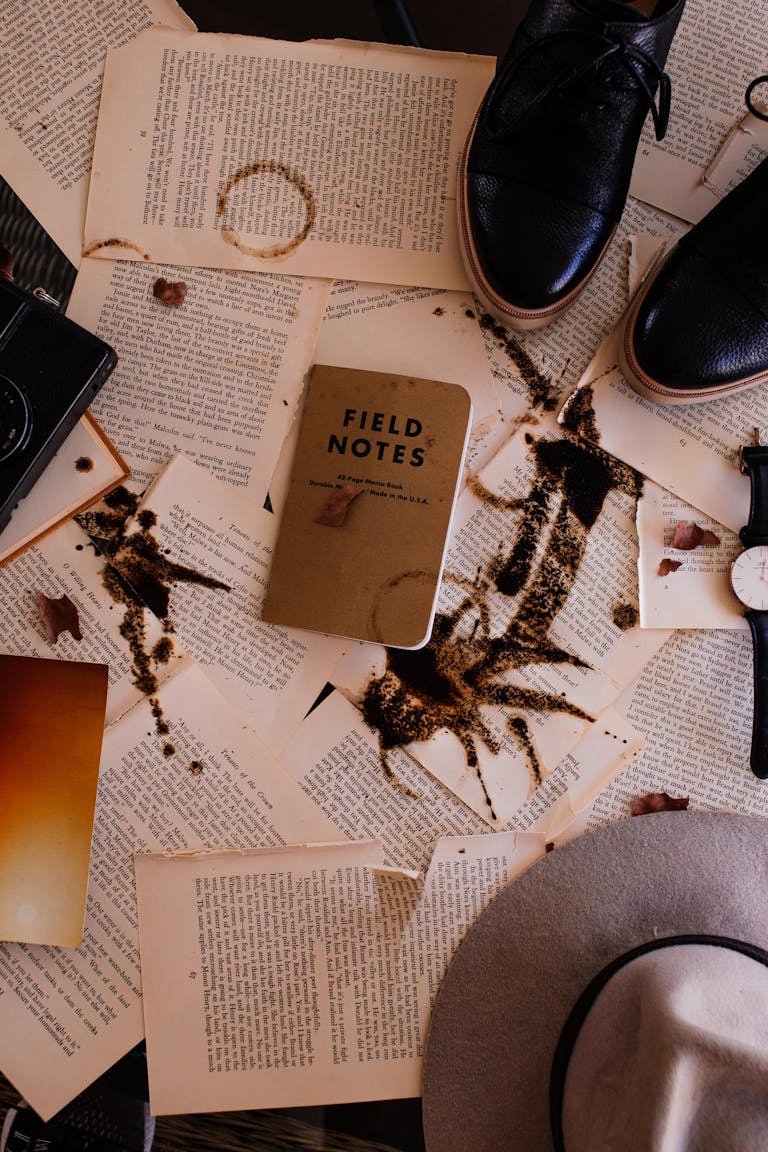 Artistic flat lay featuring book pages, a camera, leather shoes, and a notebook for an old-world aesthetic.