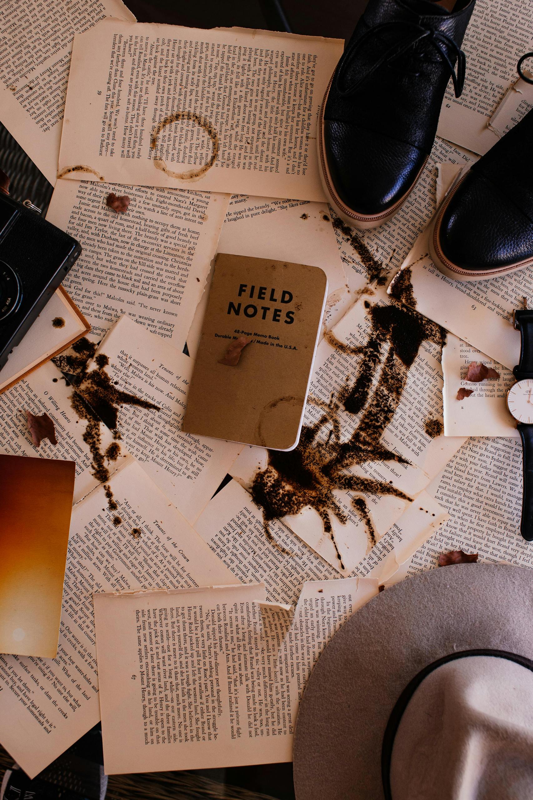 Artistic flat lay featuring book pages, a camera, leather shoes, and a notebook for an old-world aesthetic.