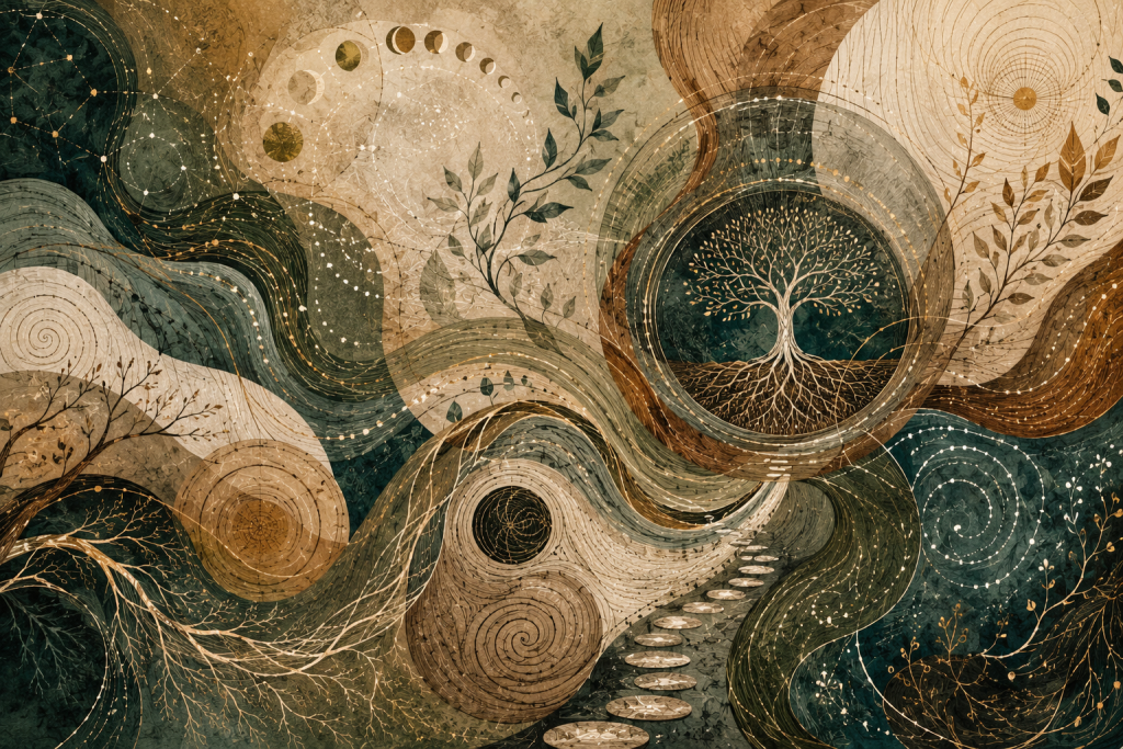 Layered organic illustration of a rooted tree, spirals, branching pathways, moon phases, flowing lines, and natural geometric patterns in earthy green, teal, gold, and cream tones.