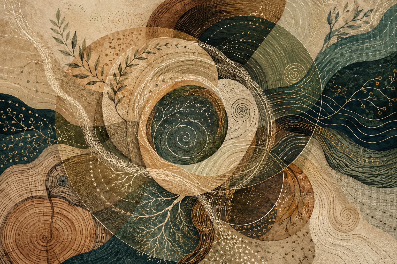 Layered organic pattern of tree rings, spirals, branching pathways, woven threads, and overlapping natural forms in earthy green, teal, ochre, and cream tones representing the patterns and cycles of life.