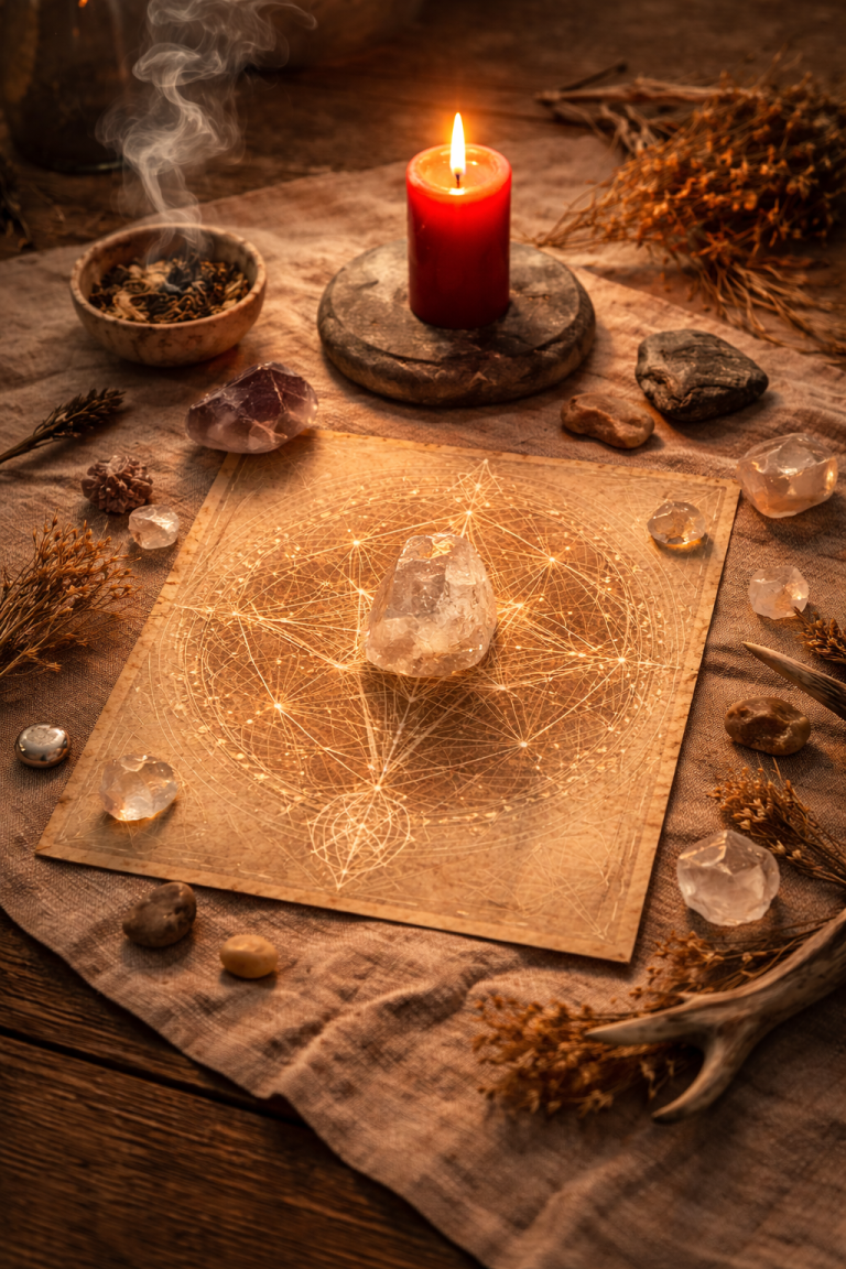 a sacred altar with crystals and herbs, Taurus meets Aries energy grid work