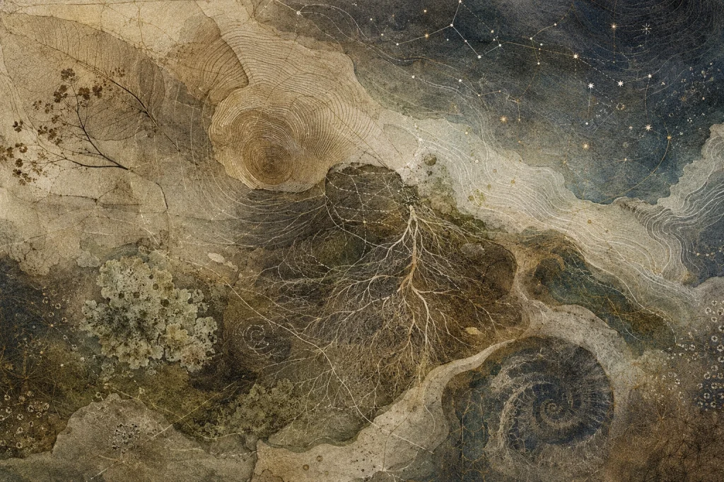 Tree rings, branching roots, lichen, botanical fragments, celestial lines and topographic contours layered across an earthy map.