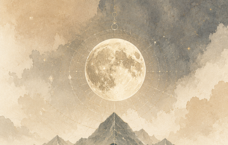 Layered watercolor mountain silhouettes fade into the distance beneath a luminous Full Moon.
