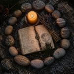 Overhead view of a sacred ritual arrangement featuring a circle of smooth river stones surrounding an open handwritten journal, a lit beeswax candle, evergreen branches, dried lavender, and moonlit granite. Warm natural lighting highlights the earthy textures and calm, contemplative atmosphere.