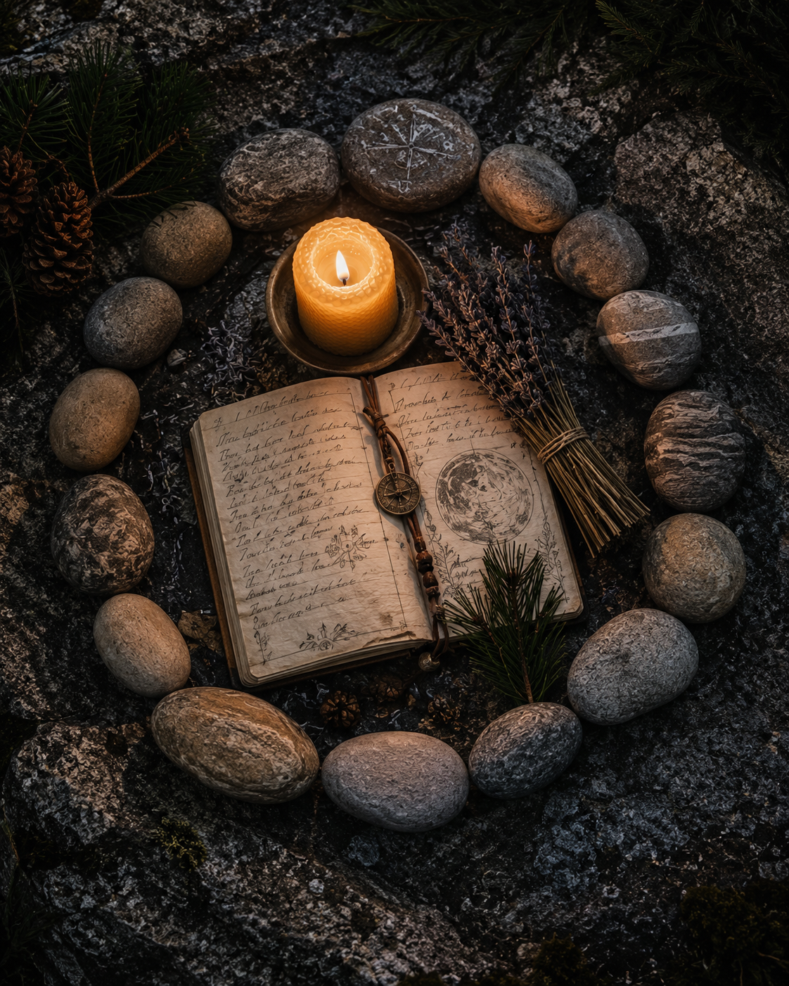 Overhead view of a sacred ritual arrangement featuring a circle of smooth river stones surrounding an open handwritten journal of field notes, a lit beeswax candle, evergreen branches, dried lavender, and moonlit granite. Warm natural lighting highlights the earthy textures and calm, contemplative atmosphere.