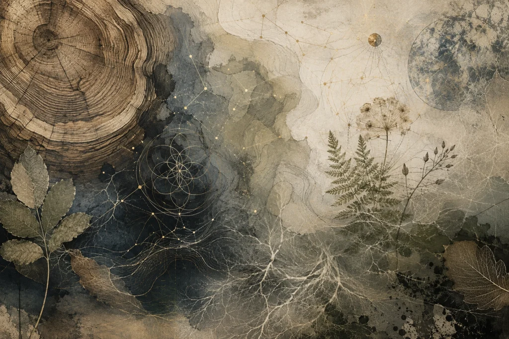 Layered celestial and organic patterns representing an energetic blueprint