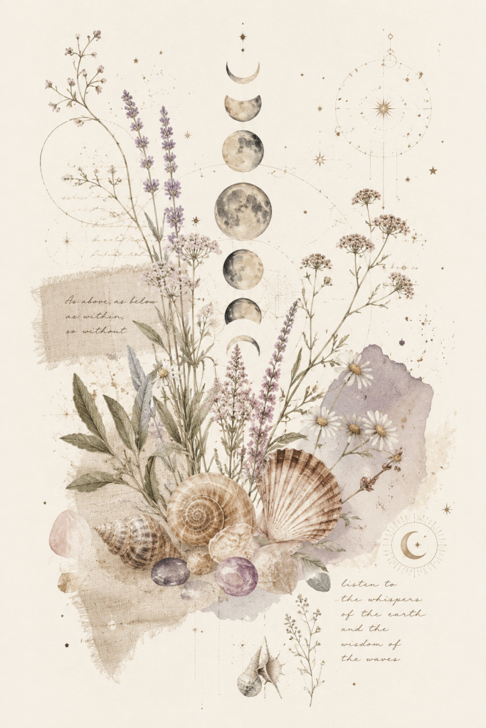 Delicate botanical collage featuring lavender, daisies, shells, gemstones, moon phases, and celestial diagrams, with the words “As above, so below. As within, so without”