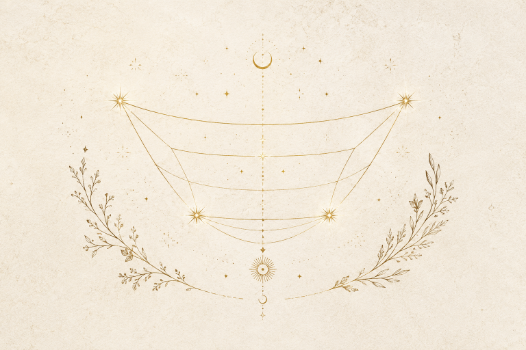 Minimal celestial line art on a textured cream background, featuring four gold stars connected in a basket-like shape with delicate botanical branches and small cosmic details.
