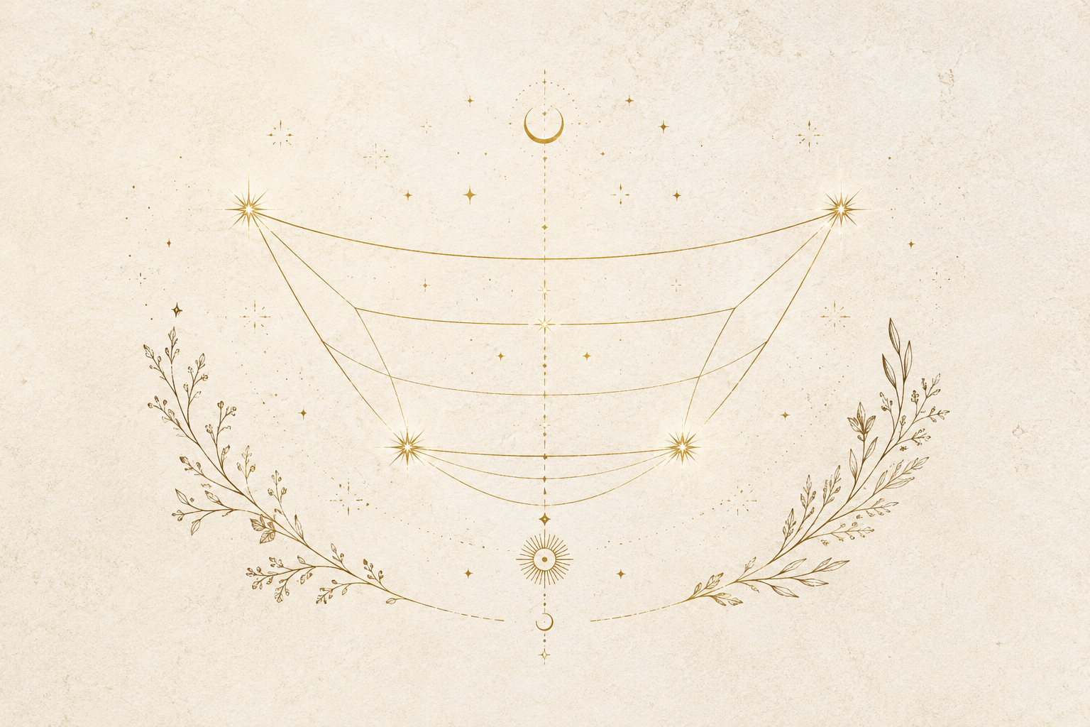 Minimal celestial line art on a textured cream background, featuring four gold stars connected in a basket-like shape with delicate botanical branches and small cosmic details.