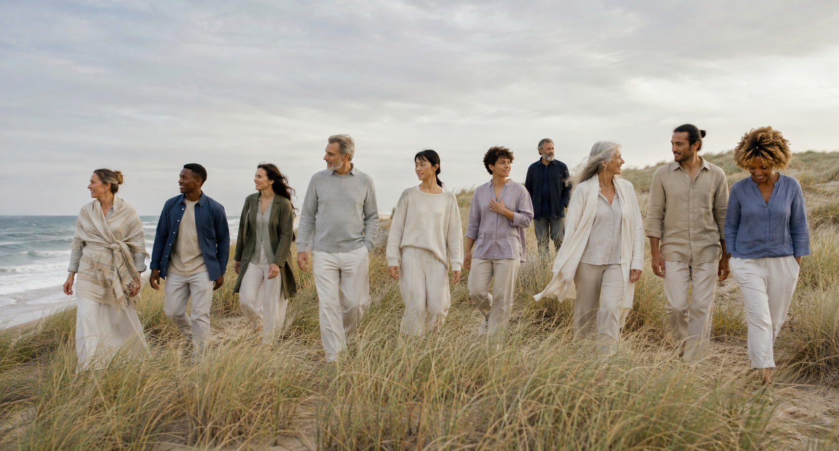 Diverse group of adults walking together through windswept coastal dunes in softly colored natural clothing.