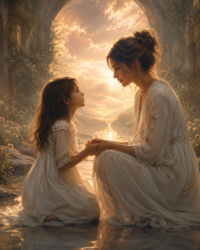 Young girl (Inner child) and adult woman in flowing ivory dresses kneel face-to-face, holding hands in warm golden light beside a reflective stream.