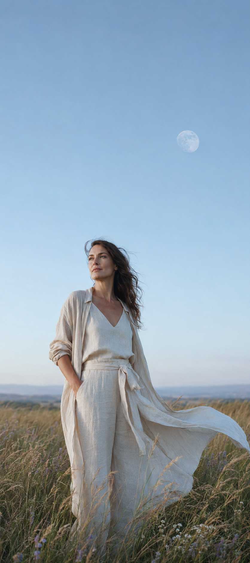 Woman in flowing ivory linen standing among summer grasses beneath a pale blue sky and faint full moon.