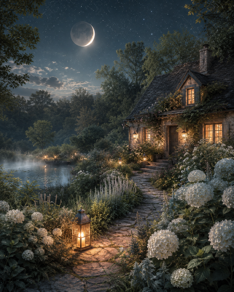 Moonlit stone cottage beside a winding stream, surrounded by wildflowers, herbs, glowing lanterns, and mist beneath a new moon in Cancer.