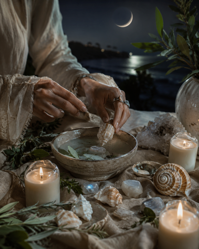 Linen-clad hands arrange seashells, moonstones, herbs, white candles, and a ceramic bowl of water beneath new moon light.