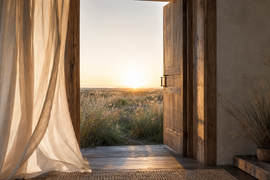Open wooden doorway with flowing linen curtains overlooking wild grasses and a bright sunrise horizon.