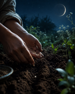 Hands gently place seeds into rich garden soil beneath a dark new moon outlined by a slender silver crescent.
