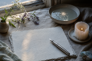 Blank handmade paper with a silver fountain pen, white candle, crystal, wildflowers, and moonlight reflected in a bowl of water.
