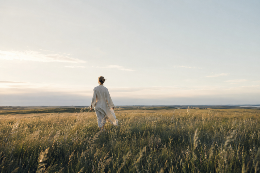 Solitary figure walking through tall meadow grasses toward an open horizon beneath a pale morning sky.