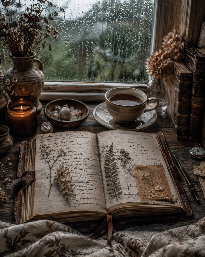 Open vintage leather journal with handwritten notes and pressed flowers rests beside tea, crystals, old books, and candlelight near a rain-covered window.