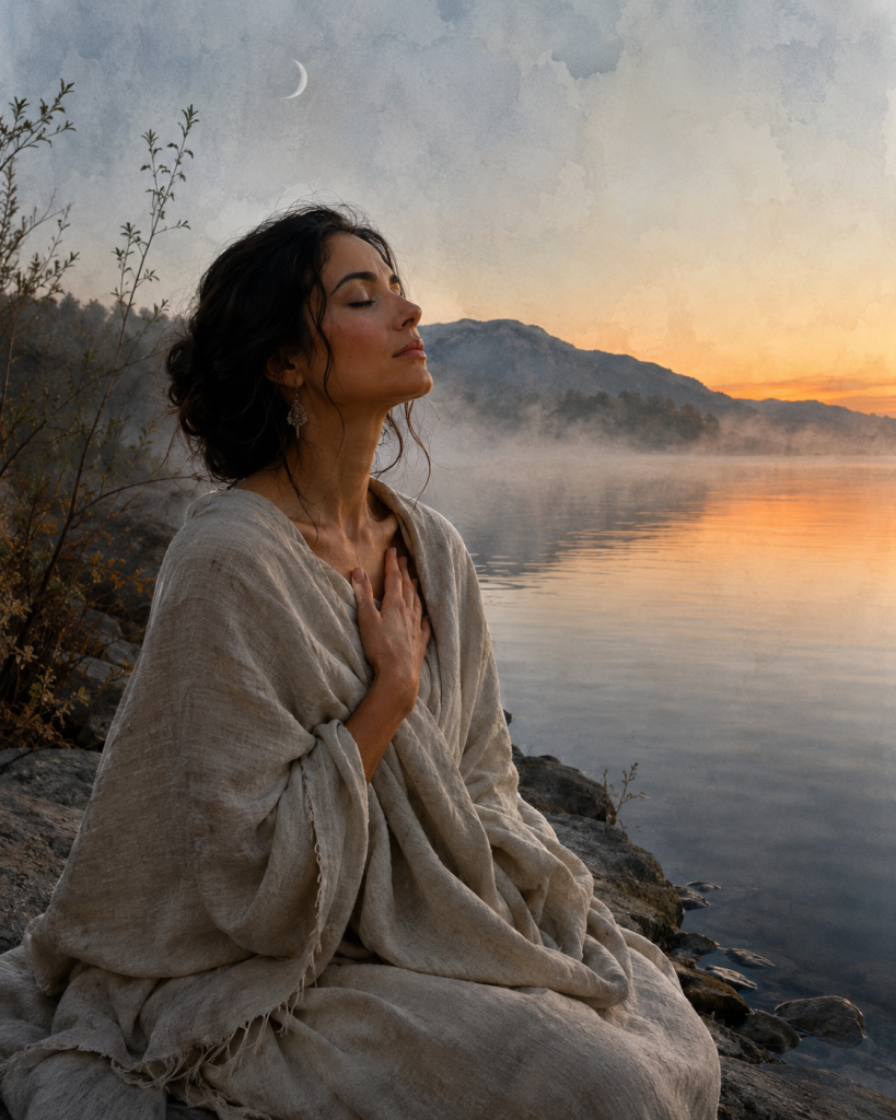 Serene woman wrapped in natural linen sits beside still water at dawn with her hand over her heart as mist rises beneath a fading new moon.
