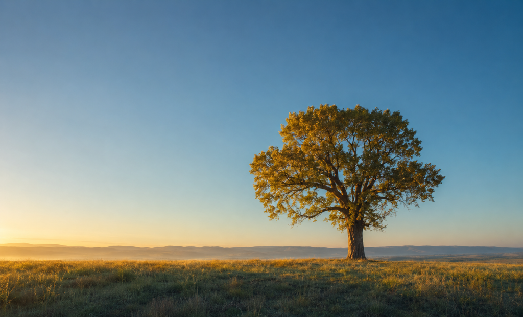 Solitary tree illuminated by golden morning sunlight beneath an expansive blue sky.