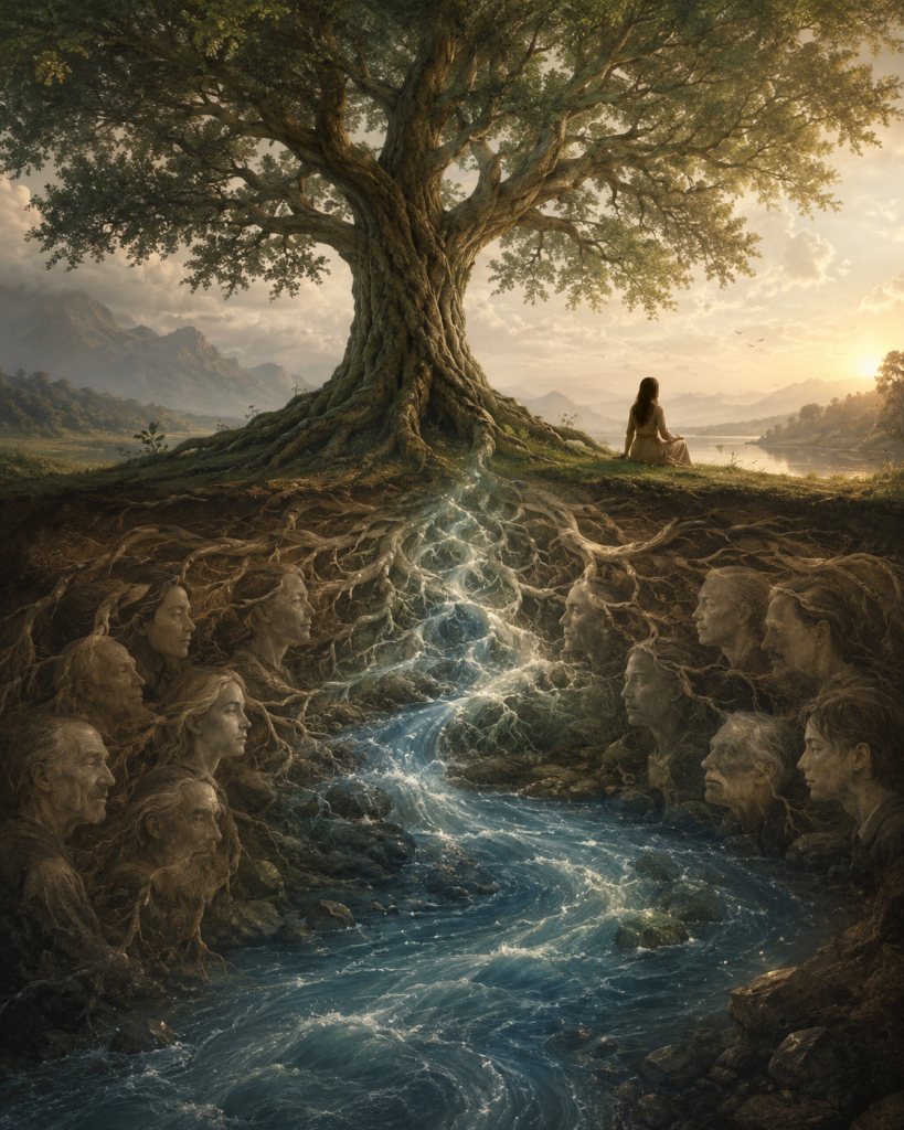 Ancient tree roots filled with ancestral faces transform into a flowing blue river, symbolizing generations, memory, and healing.