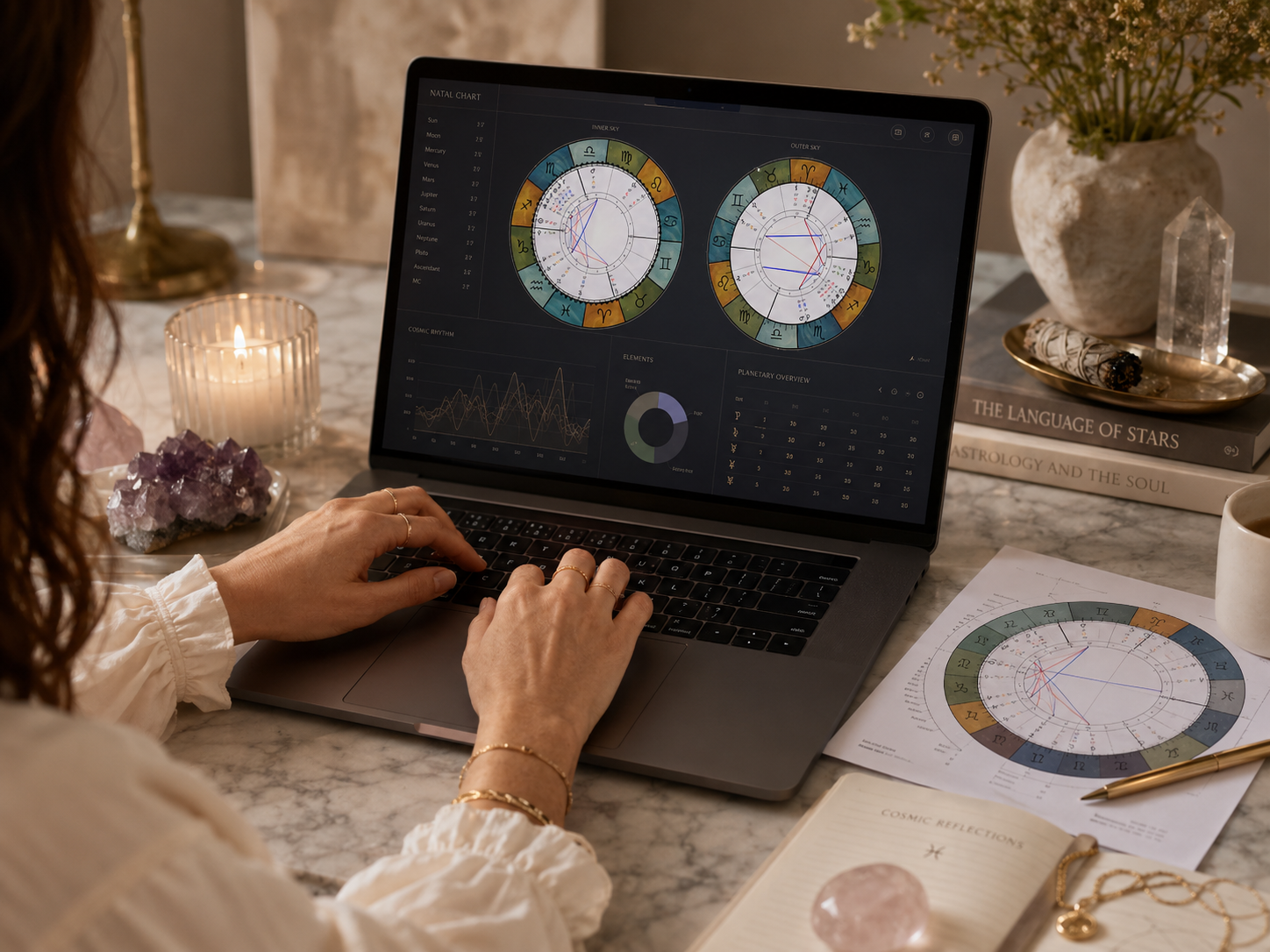 Astrologer working at a laptop displaying natal charts and data visualizations, with a printed chart, candle, crystals, and notebook nearby.
