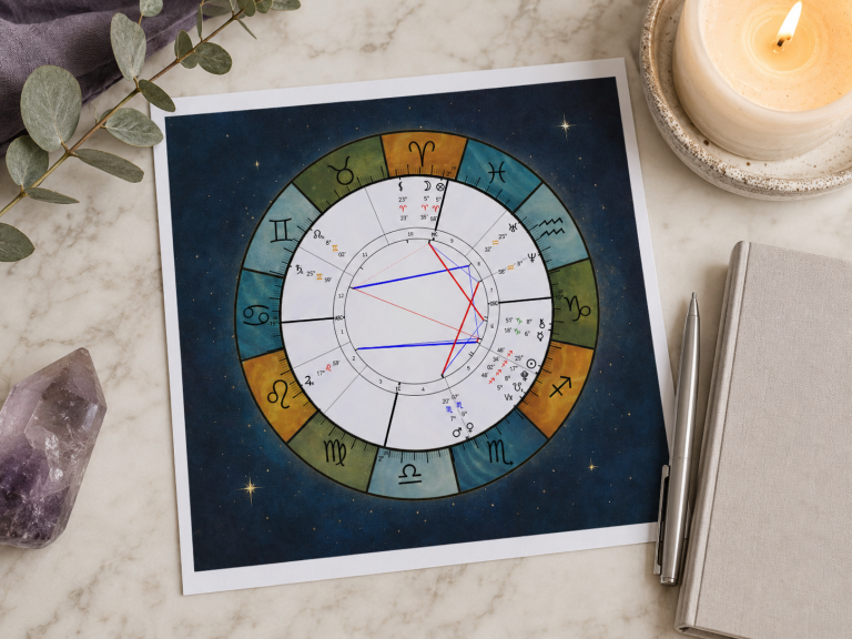 Printed natal chart arranged on a light stone surface with a candle, amethyst crystal, eucalyptus, notebook, and silver pen.