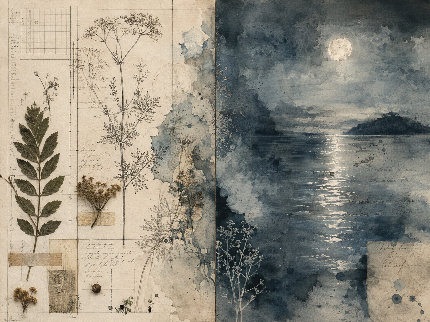 Editorial diptych pairing botanical specimen drawings, pressed herbs, grids, and scientific notation with a moonlit watercolor seascape, the two sides dissolving into one another at the center.