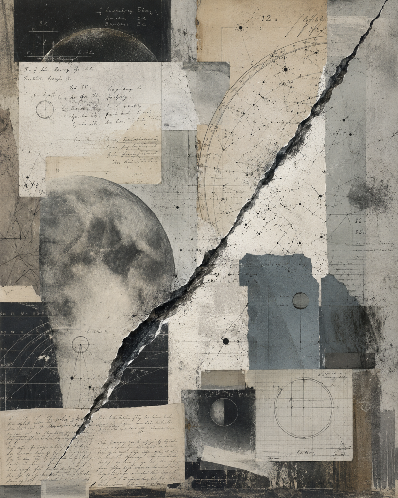 Abstract archival collage of handwritten notes, lunar imagery, star charts, torn paper, and technical diagrams, disrupted by a bold diagonal graphite tear suggesting sudden insight and a shift in perception.