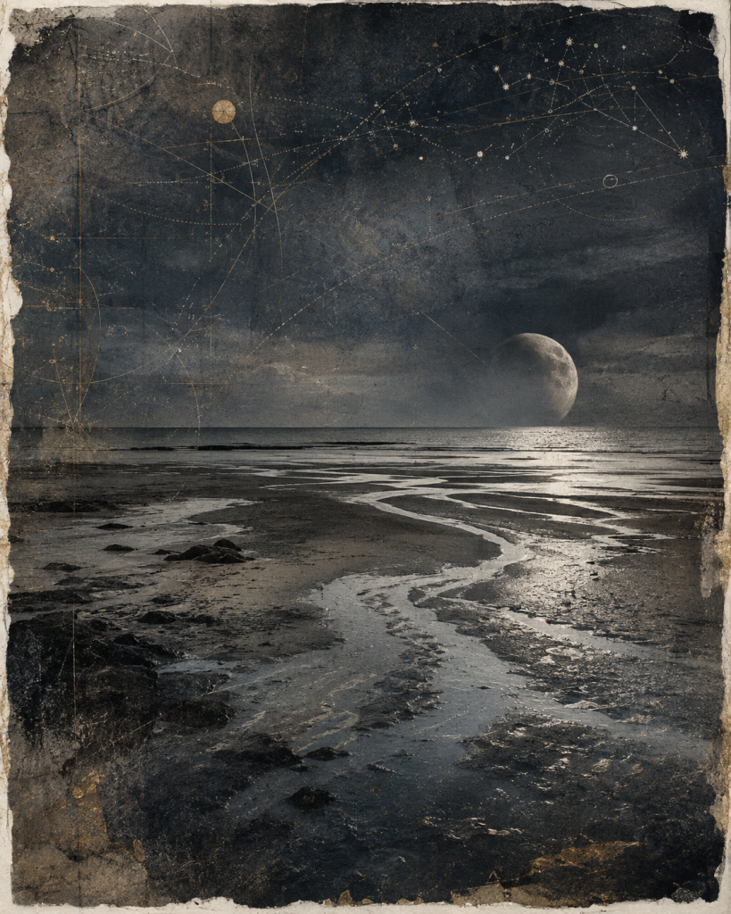 Moonlit tidal flats at low tide with silver water channels, a partially shadowed moon on the horizon, and faint antique astronomical markings layered across a dark textured sky.