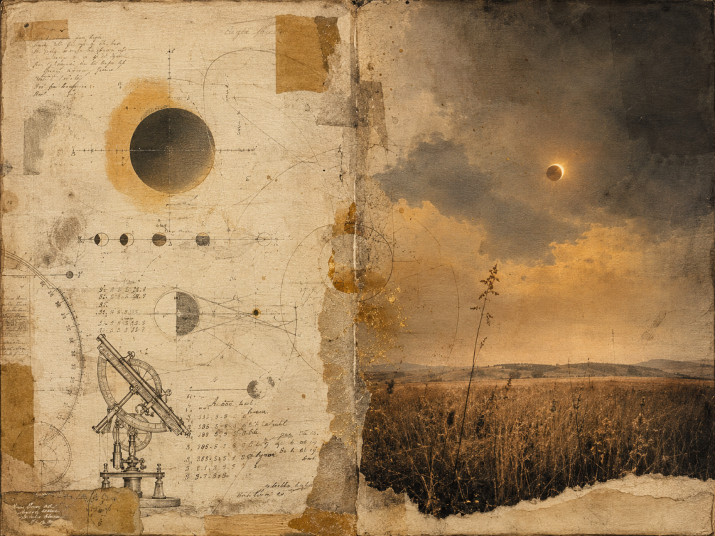 Editorial diptych combining an aged astronomer’s page of eclipse diagrams, instrument sketches, and graphite notes with a dry field beneath a dim amber eclipse sky.