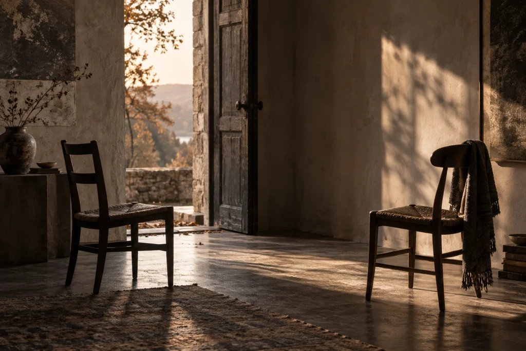 Two wooden chairs facing one another across an open room, with one chair angled toward a sunlit doorway.