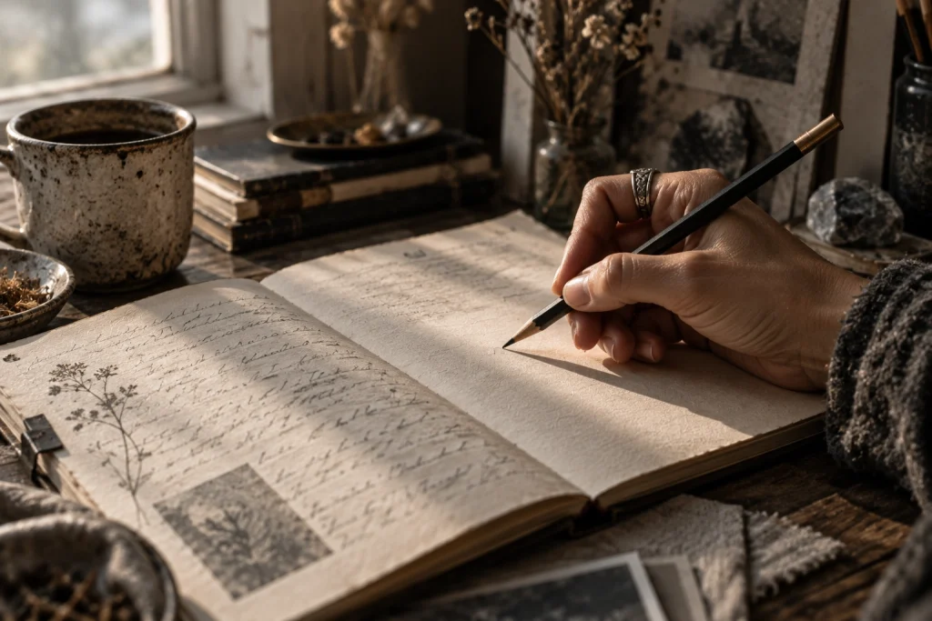 Hand holding a graphite pencil above a blank section of an open journal in warm natural window light.