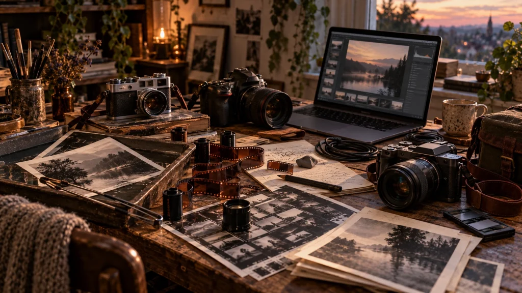 Film, diFilm, digital cameras and modern editing tools showing the evolution of a creative processgital cameras and modern editing tools showing the evolution of a creative process