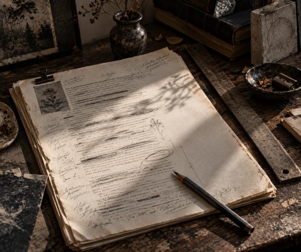 Aged manuscript covered with handwritten revisions, crossed-out passages and margin notes beside a long metal ruler on a worn wooden desk.