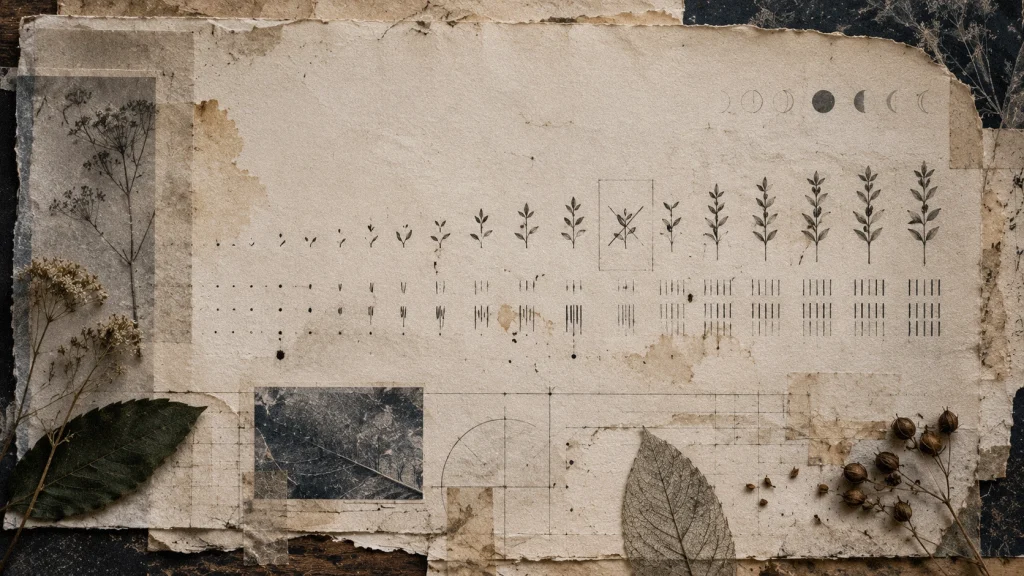 Archival field-journal artwork showing repeated botanical marks becoming an organized pattern, representing insight transformed through practice and refinement.