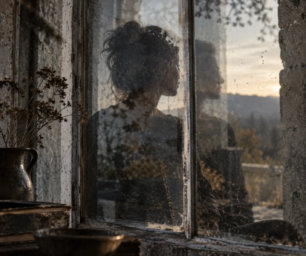 Silhouetted figure seen through aged window glass, with the person’s reflection overlapping their profile in soft evening light.