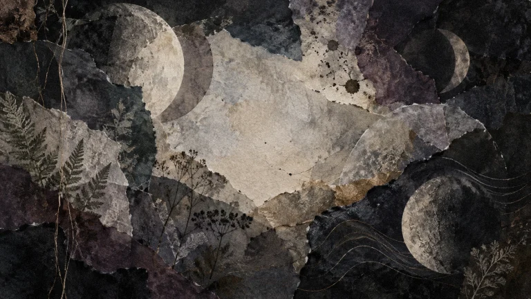 Abstract lunar-cycle collage with layered handmade paper, moon forms, fern impressions, and charcoal textures.