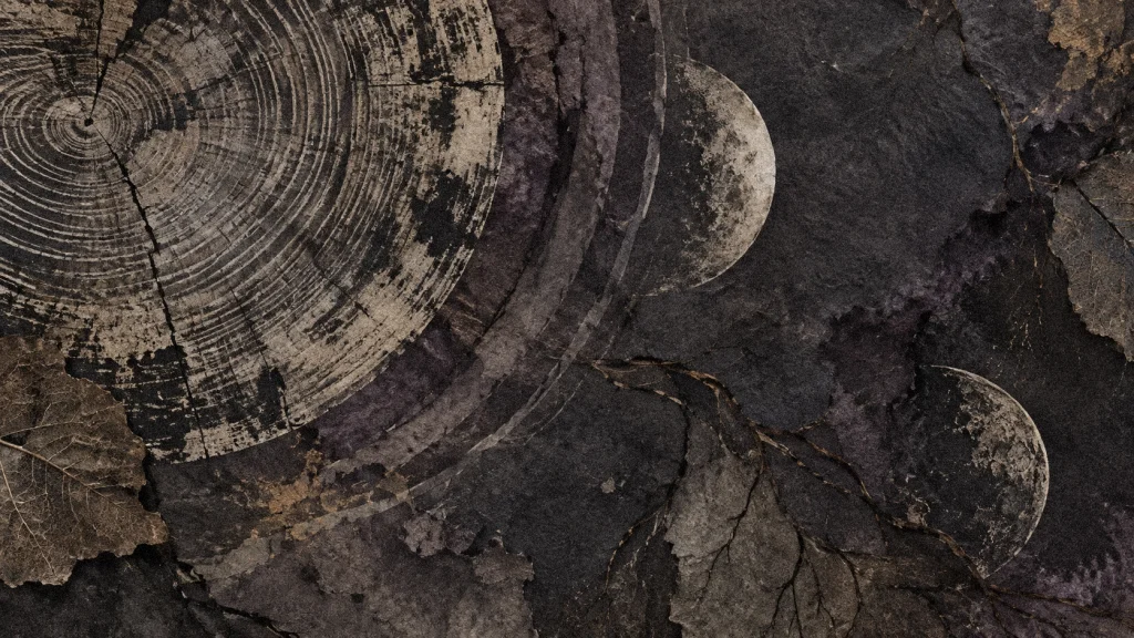 Tree-ring patterns overlap crescent moon forms, roots, and pressed leaves in a dark mixed-media collage.